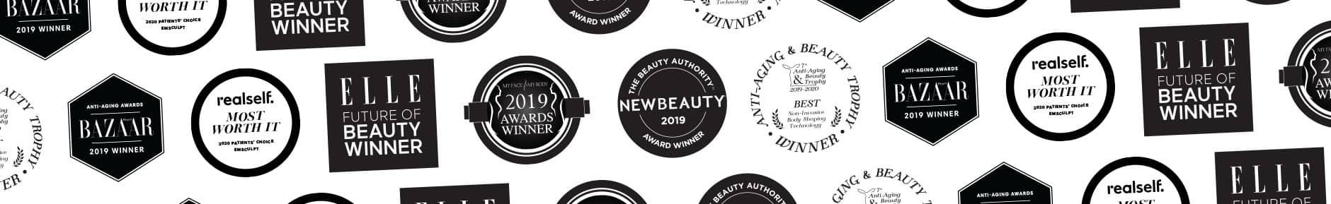 Strip of beauty award seals and magazine logos for CoolSculpting fat freezing in Amsterdam